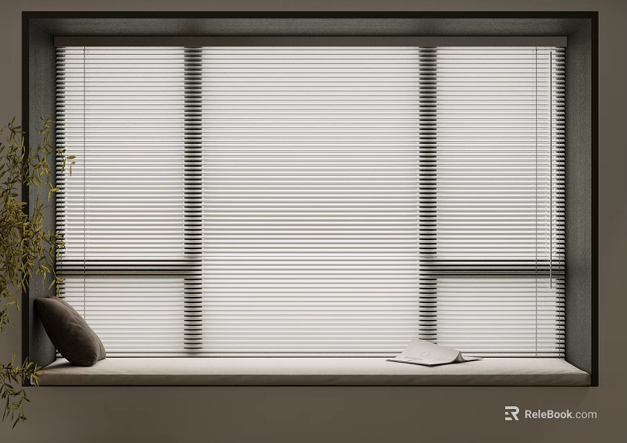 Window Blinds In Cozy Interior With Window Sill Pillow Book And Plant 3d model 