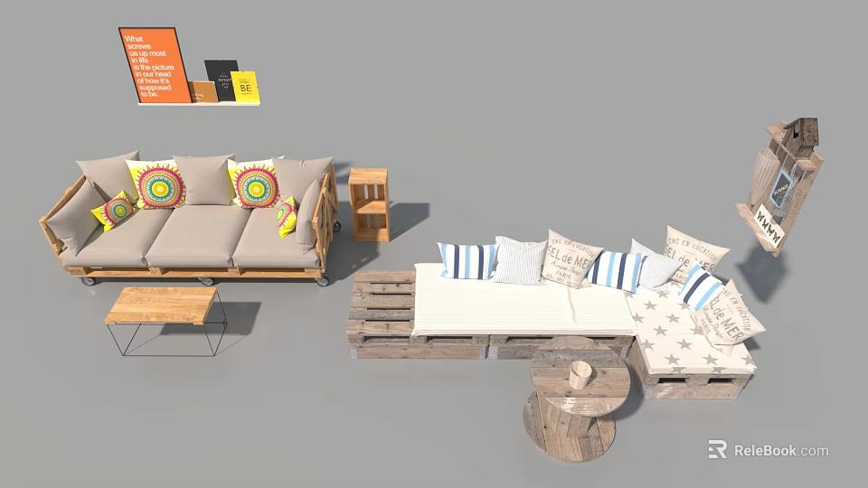 Modern Sofa Set With Colorful Pillows Wooden Coffee Table And Side Table 3d model 