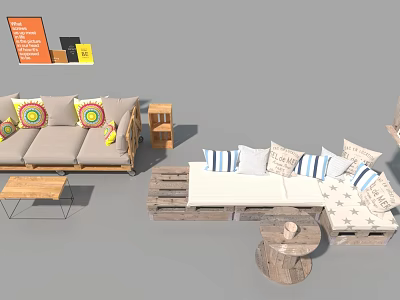 Modern Sofa Set With Colorful Pillows Wooden Coffee Table And Side Table 3d model