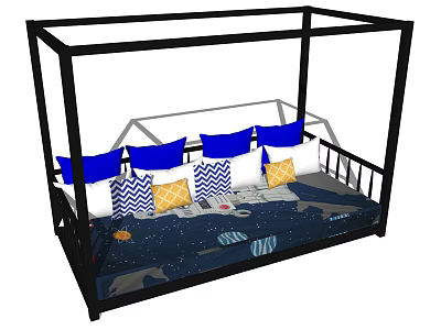 Kids Bed with Black Frame Blue Mattress and Colorful Patterned Pillows 3d model