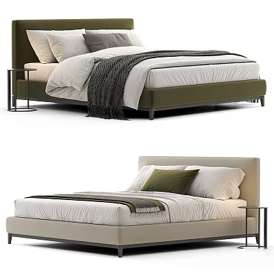 Modern Double Bed Design With Green Beige Headboard Gray Blanket And Nightstand 3d model
