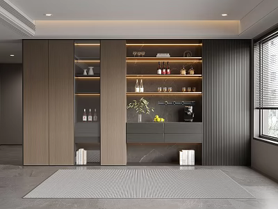 Modern Elegant Wine Cabinet With Glass Door LED Lighting And Wooden Panels Design 3d model