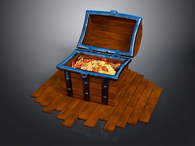 Open Wooden Treasure Chest Filled With Gold Coins And Jewels On Planks 3d model