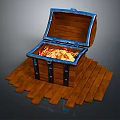Open Wooden Treasure Chest Filled With Gold Coins And Jewels On Planks