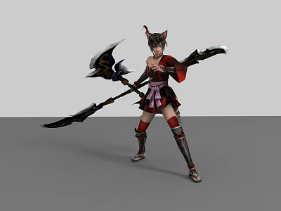 Game and Movie Character with Cat Ears Wielding Dual Axe Spear in Red Black Outfit 3d model