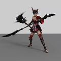Game and Movie Character with Cat Ears Wielding Dual Axe Spear in Red Black Outfit