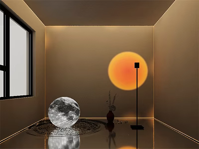 Warm Light Floor Lamp In Modern Room With Moon Sphere Vase And Sunset Reflections 3d model