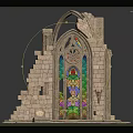 Cartoon Style Scene Featuring Ruined Stone Arch Colorful Stained Glass Window and Scattered Stone Blocks