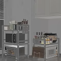 Modern Kitchen Storage Shelf With Microwave Utensils Spice Bottles And Rice Cooker