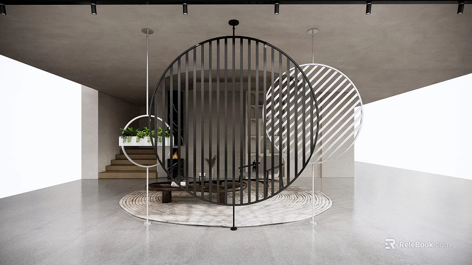 Modern Interior With Circular Black And White Room Dividers Staircase And Plants 3d model 