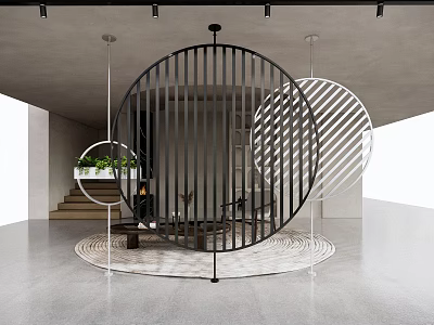 Modern Interior With Circular Black And White Room Dividers Staircase And Plants 3d model