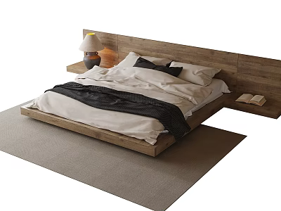Wooden Platform Double Bed With White Sheets Black Blanket Bedside Table And Rug 3d model