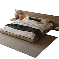 Wooden Platform Double Bed With White Sheets Black Blanket Bedside Table And Rug 3d model