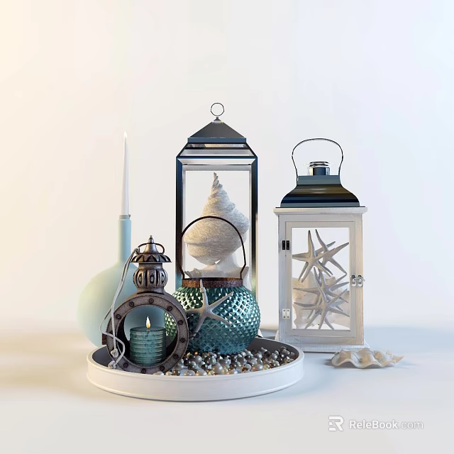Decorative Ornament Set With Lanterns Conch Shell Starfish And Blue Spherical Decor On Tray 3d model 