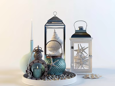 Decorative Ornament Set With Lanterns Conch Shell Starfish And Blue Spherical Decor On Tray 3d model