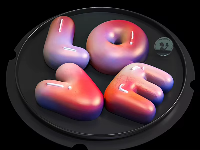 Colorful LOVE Shaped Sweet Pastry on Black Plate with Smooth Glaze 3d model