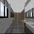 Modern Public Restroom With Marble Walls Gray Floor Tiles Golden Handrails And Washbasins
