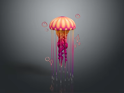 Vibrant Jellyfish with Pink and Orange Bell and Flowing Purple Tentacles Surrounded by Ornamental Circles 3d model