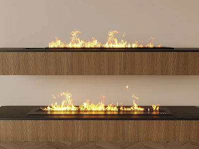 Modern Two Tier Fireplace With Flaming Fire And Wooden Elements 3d model