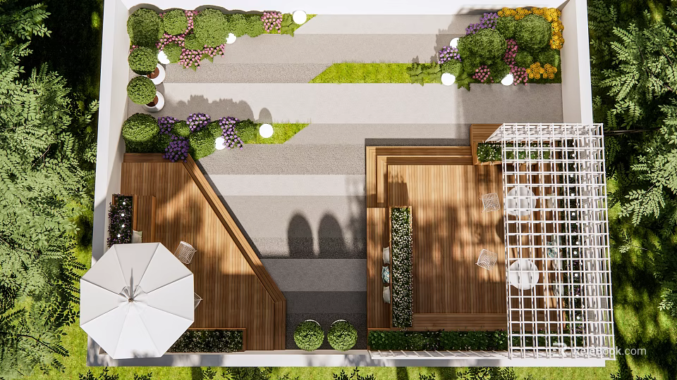 Beautiful Roof Garden Design With Green Plants Wooden Deck And Outdoor Seating 3d model 