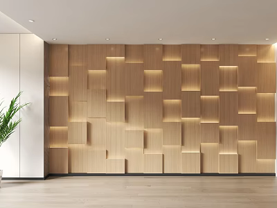 Minimalist Wooden Geometric Pattern Background Wall With White Cabinets Green Plant And Light Colored Floor 3d model