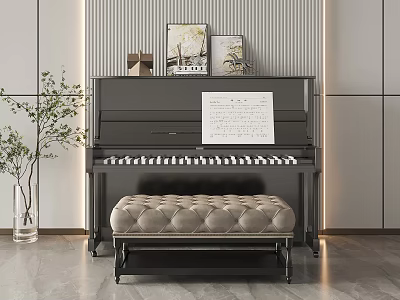 Stylish Modern Interior With Black Piano Wall Paintings Music Sheet Tufted Bench And Green Plant 3d model