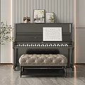 Stylish Modern Interior With Black Piano Wall Paintings Music Sheet Tufted Bench And Green Plant