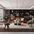 Modern Open Plan Living And Dining Room Interior With Full Wall Bookcase And Large Windows