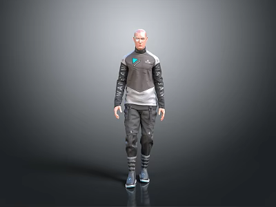 Game Movie Character with Bald Head in Sci Fi Dark Jacket Gray Black Pants Boots 3d model