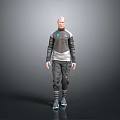 Game Movie Character with Bald Head in Sci Fi Dark Jacket Gray Black Pants Boots