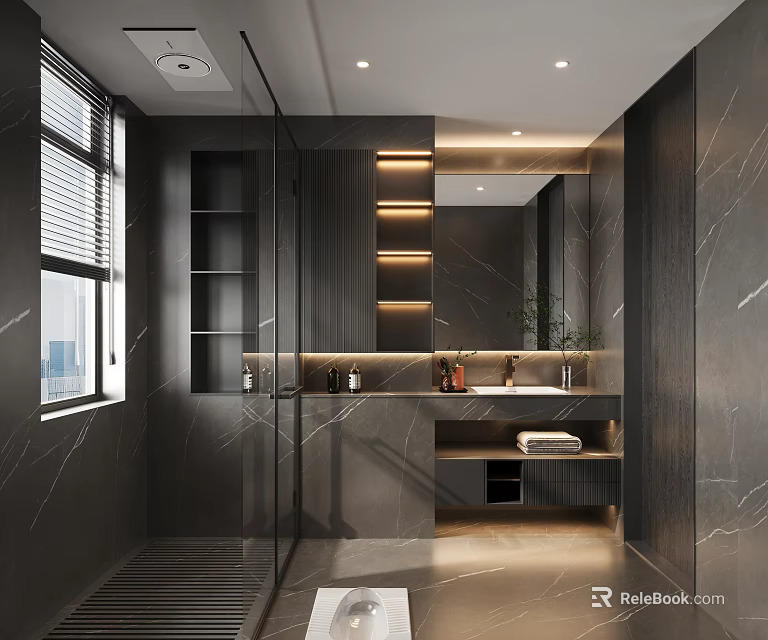 Modern Bathroom Interior Design With Dark Marble Walls Glass Shower Partition Vanity Mirror And Lighting 3d model 