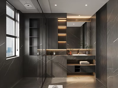 Modern Bathroom Interior Design With Dark Marble Walls Glass Shower Partition Vanity Mirror And Lighting 3d model