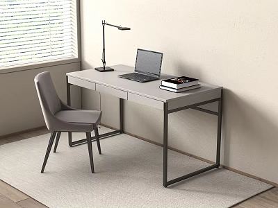 Modern Desk With Gray Chair Laptop Books Desk Lamp Near Window With Blinds And Rug 3d model
