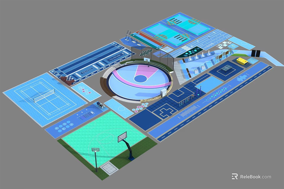 Comprehensive Sports Facility Layout With Basketball Tennis And Swimming Areas 3d model 