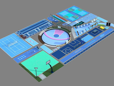 Comprehensive Sports Facility Layout With Basketball Tennis And Swimming Areas 3d model