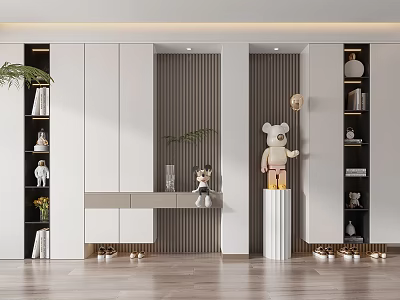 Modern Minimalist Shoe Cabinet Design With White Finish Open Shelves And Decorative Plants 3d model