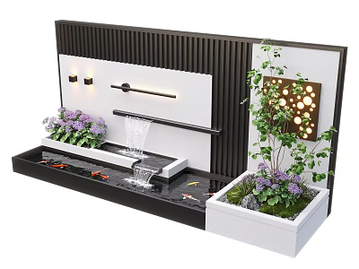 Modern Water Feature Fountain With Flowing Water Small Fish Pond Purple Flowers And Green Plants 3d model