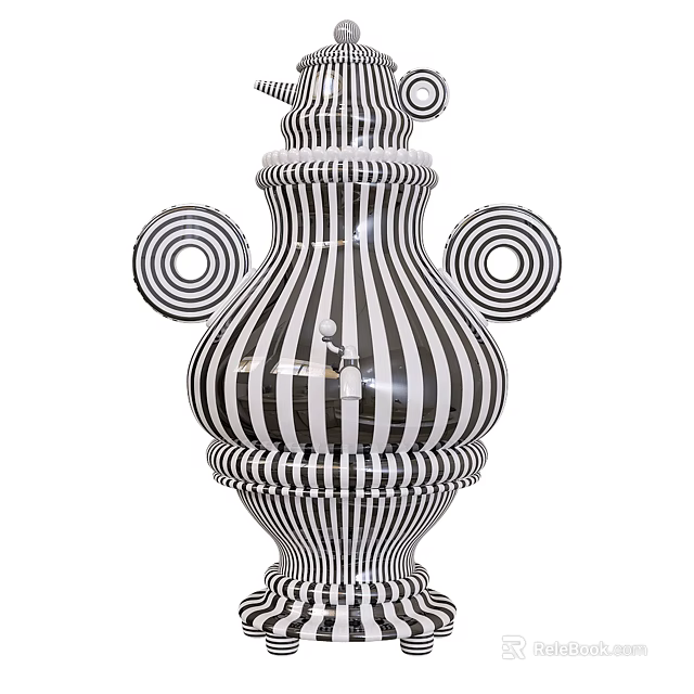 Black and White Striped Vase With Spiral Design And Circular Decorations For Floral 3d model 