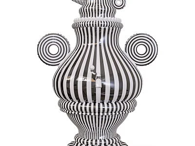 Black and White Striped Vase With Spiral Design And Circular Decorations For Floral 3d model