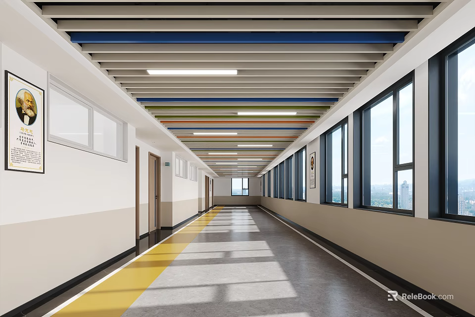 School Corridor Interior With Colorful Ceiling Beams Large Windows And Yellow Line Floor 3d model 