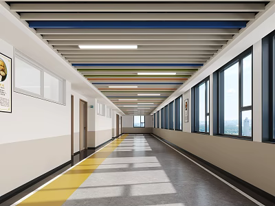 School Corridor Interior With Colorful Ceiling Beams Large Windows And Yellow Line Floor 3d model
