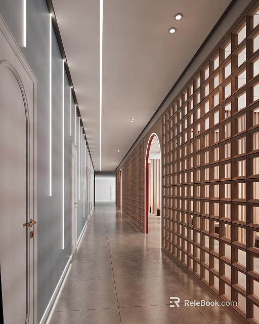 Modern Elevator Corridor With Linear Lighting Archway And Decorative Walls 3d model 
