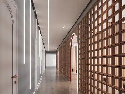 Modern Elevator Corridor With Linear Lighting Archway And Decorative Walls 3d model