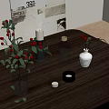 Wooden Table Decor with Glass Vase Red Berries Green Leaves and White Vase
