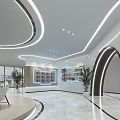 Modern Interior Space Design With Curved Structure Illuminated Lines Marble Floor And Green Plants