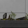 Minimalist Indoor Landscape With Large Stones Ferns Moss Pebbles And White Wall