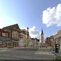 Scenic Commercial Street With Diverse Architecture Pedestrian Square Tower Shops And Blue Sky