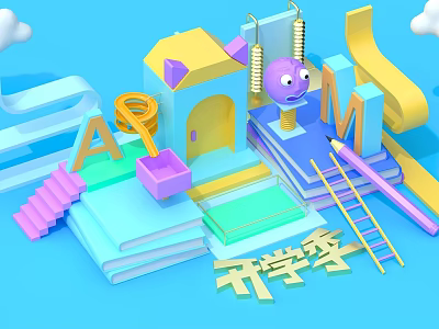 Back to School Colorful Books Stationery And Playful Learning Supplies Set 3d model
