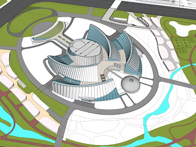 Modern Public Building With Circular Layout Geometric Roof Structures Green Spaces And Water Features 3d model