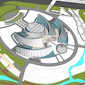 Modern Public Building With Circular Layout Geometric Roof Structures Green Spaces And Water Features